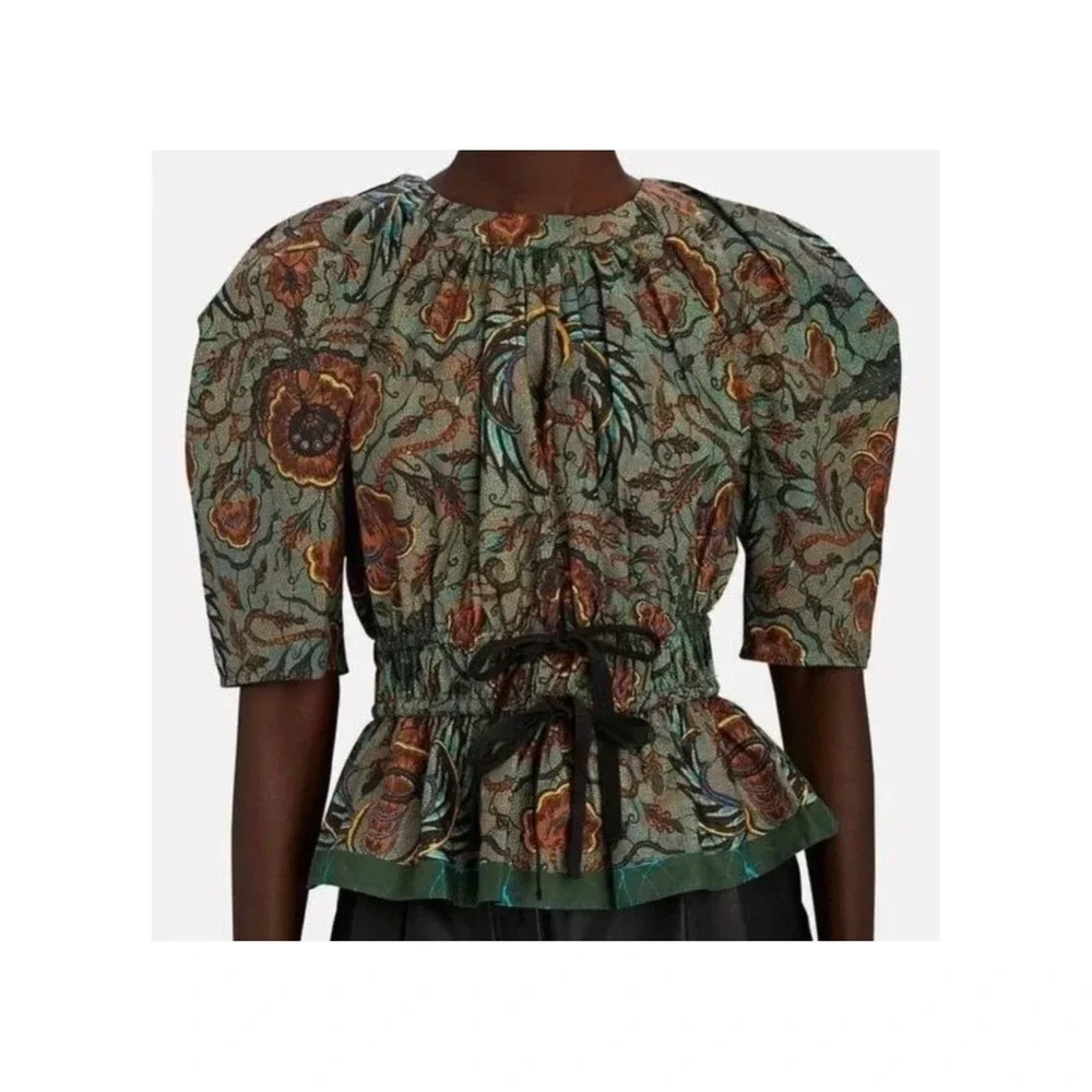 Ulla Johnson Denisa Top Spruce‎ Floral Cotton Peplum Blouse Size 6